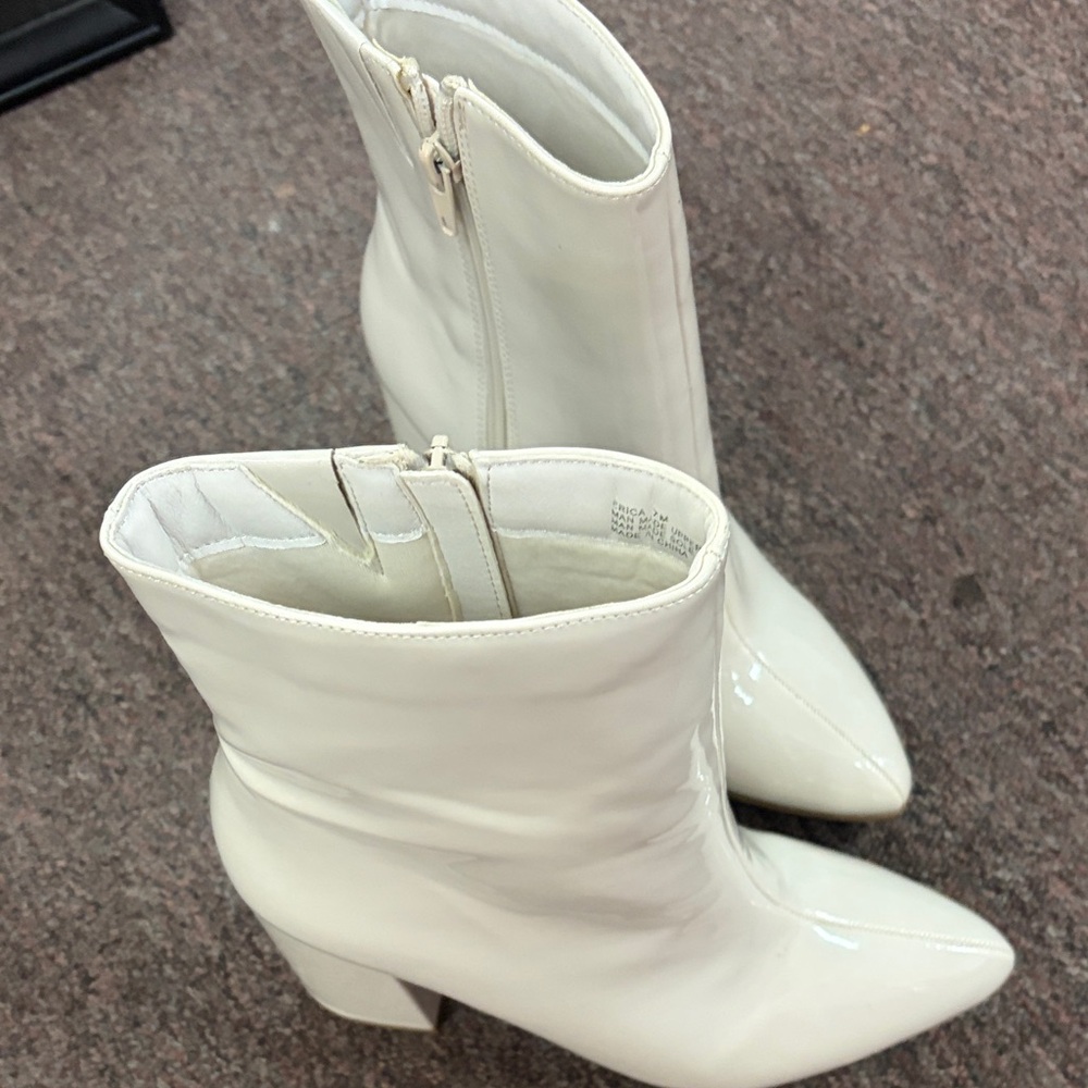 Women's White Patent Pointed Ankle Boots with Block Heel